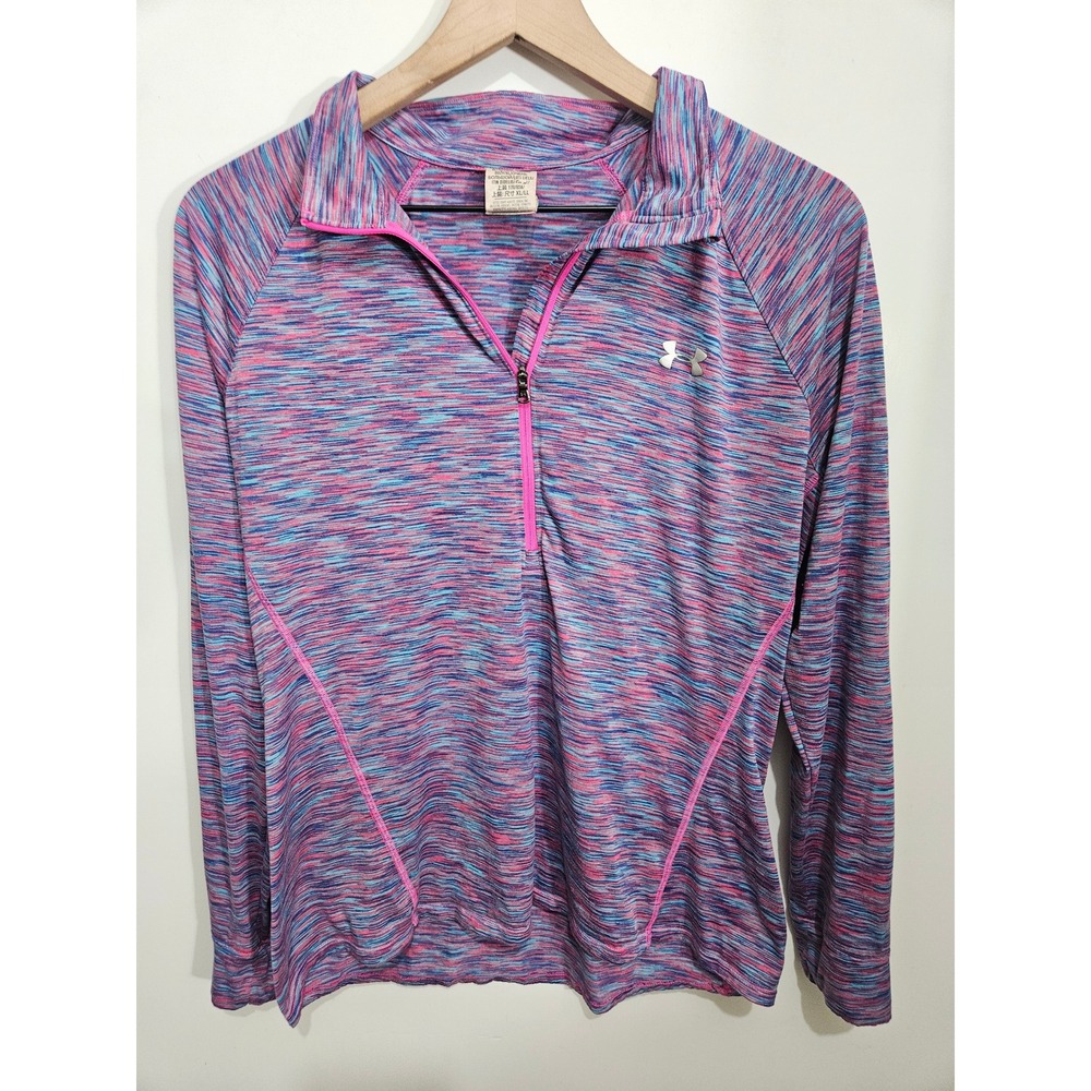 Under Armour Womens Pink Blue Space Dye Quarter Zip HeatGear Pullover XL